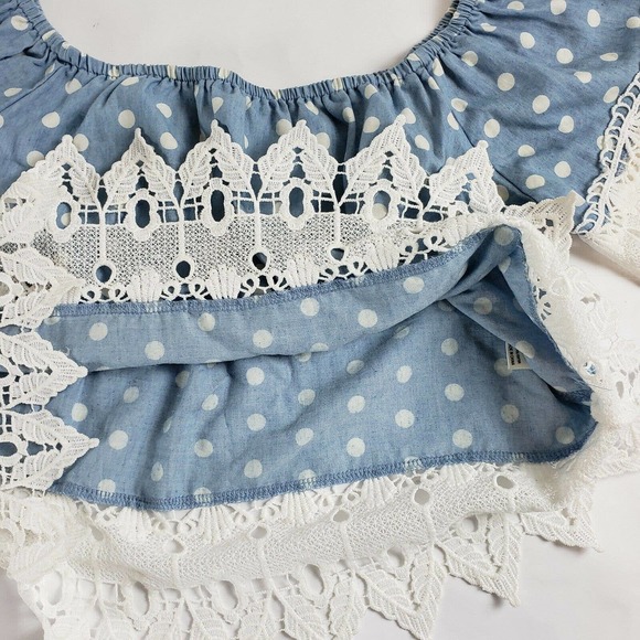Iris Blue Crochet Crop Top Off Shoulder Womens Size S Boho Festival Polk Dot - Picture 2 of 7